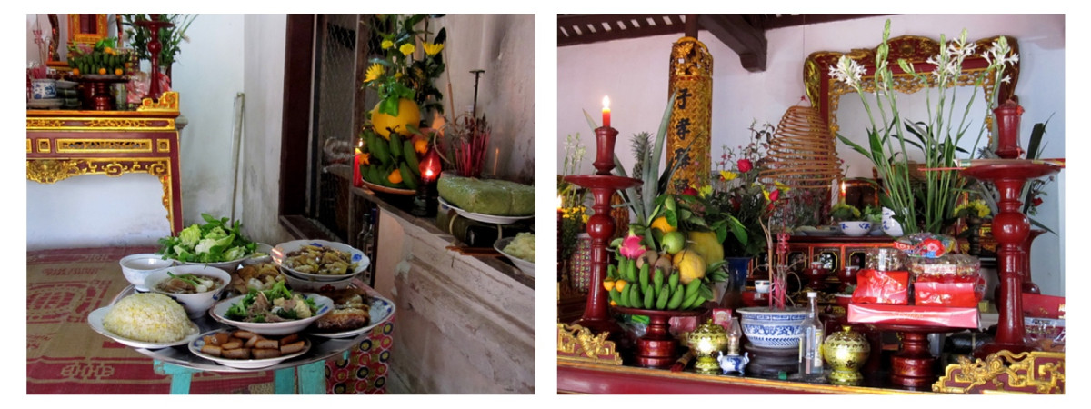 Всички ястия се поднасят първо на олтарите за почит към предците и към Буда (тамошния бог), и чак след като запалените ароматни пръчици изтлеят, семейството сяда да вечеря
