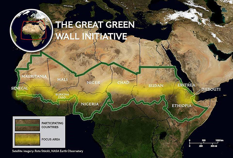 Карта на Африка, на която е показано през кои държави ще премине Великата зелена стена. © https://www.facebook.com/PAGGW
