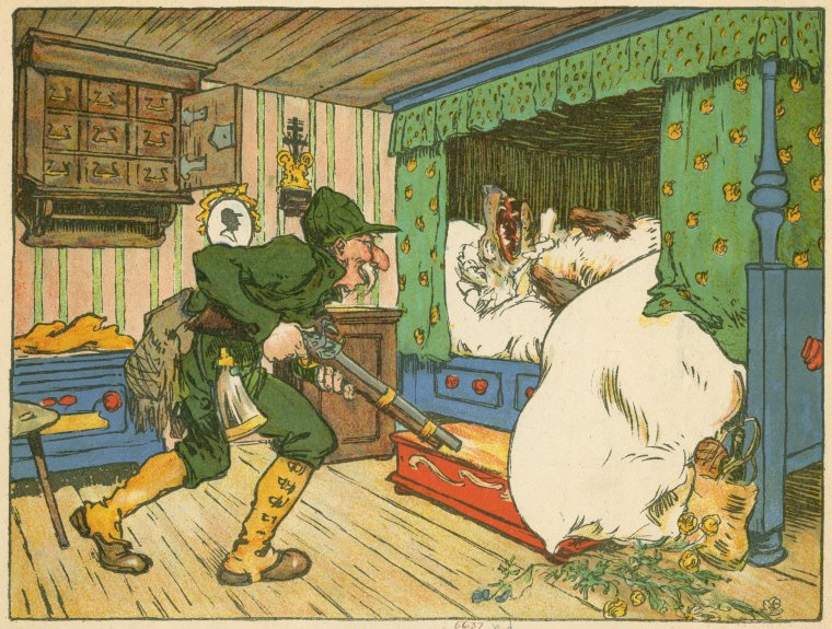 Какво би станало, ако ловецът не тръгне да спасява Червената шапчица, а само снима как вълкът я яде? (източник на илюстрацията: New York Public Library)